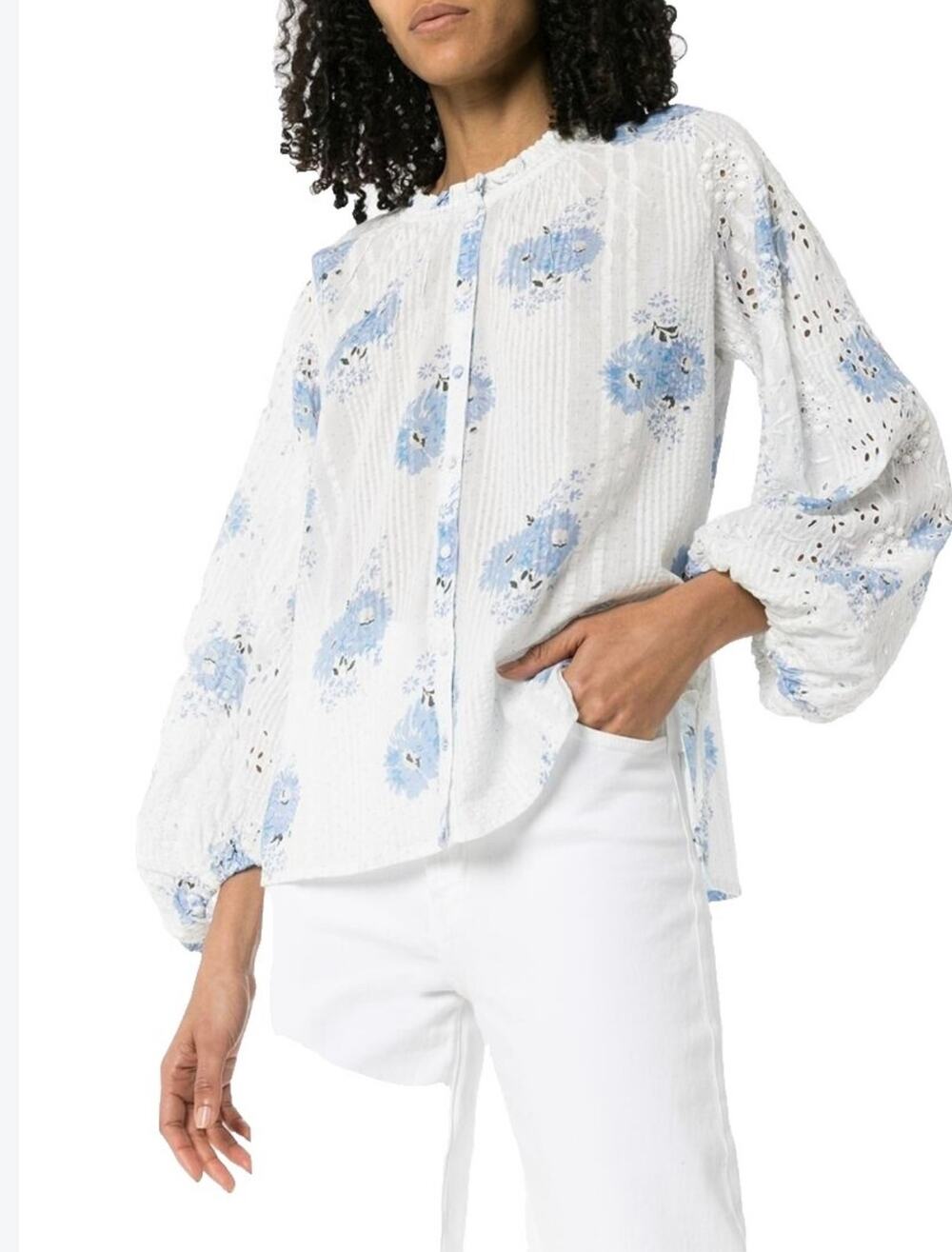 LoveShackFancy Spectra Floral Eyelet Blouse White Blue Cotton Size Medium